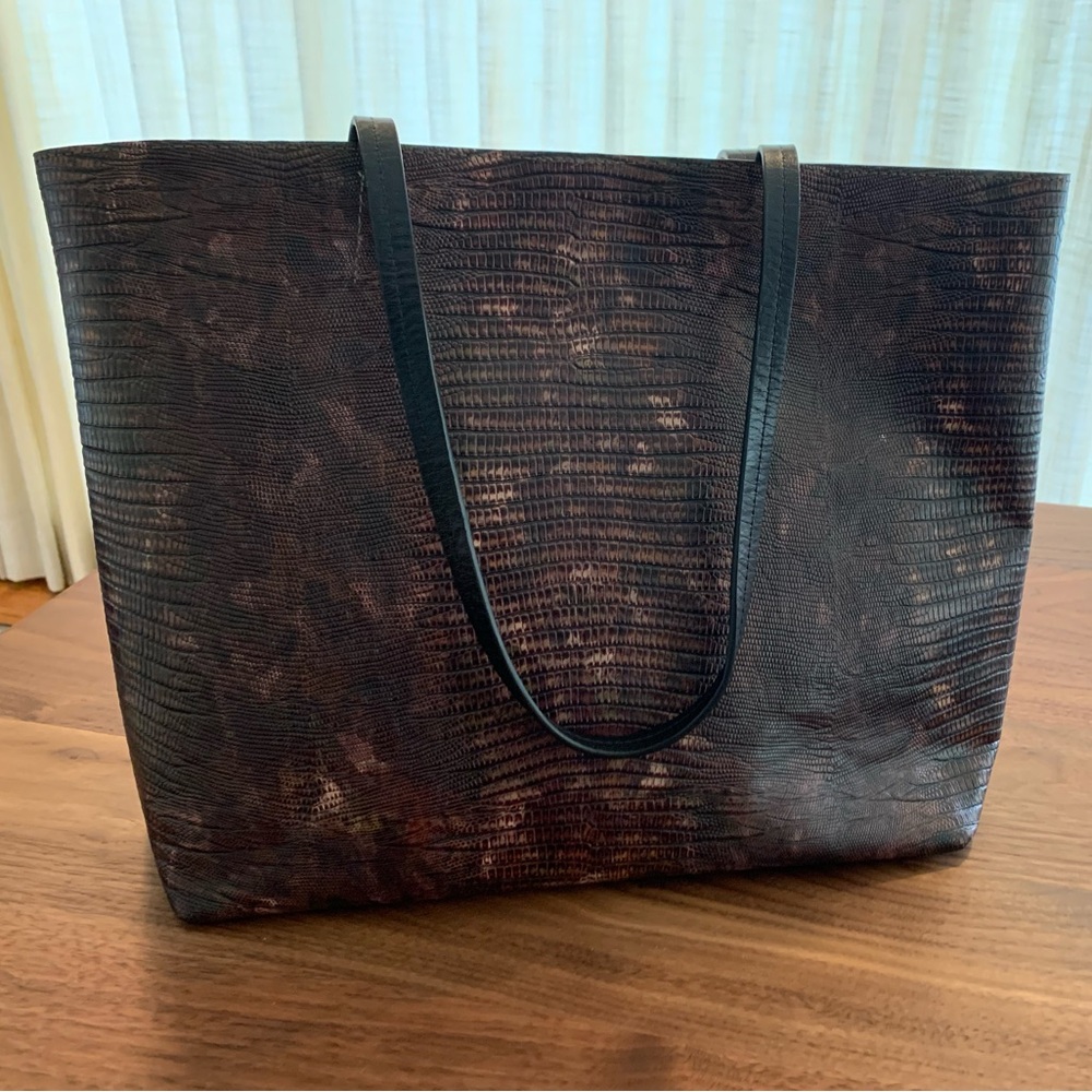 B.May Embossed Lizard Essential Tote, Brown/Black